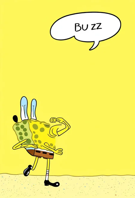 spongebob, slouching, sad, looking down, walking, dejected, depressed, speech bubble saying "buzz... buzz... buzz...", bikini bottom background