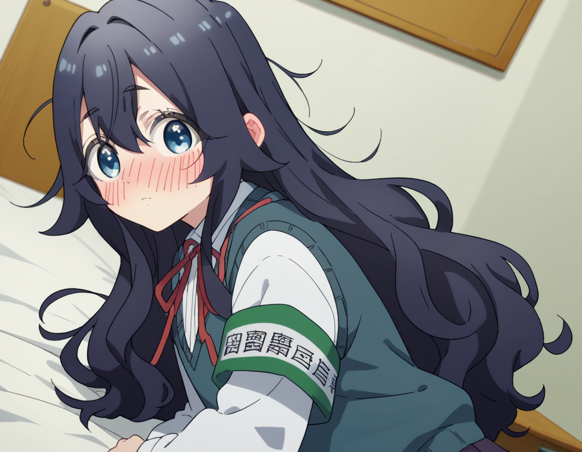 score_9, score_8_up, score_7_up, source_anime,
shizukayoshimoto, <lora:shizuka-yoshimoto-s1-ponyxl-lora-nochekaiser:1>,
shizuka yoshimoto, long hair, bangs, blue eyes, black hair, hair between eyes, wavy hair,
skirt, shirt, ribbon, school uniform, white shirt, pleated skirt, red ribbon, neck ribbon, armband, sweater vest,
indoors, bed, bed room, on side, blush, drunk,
looking at viewer, cowboy shot, dutch angle, solo,