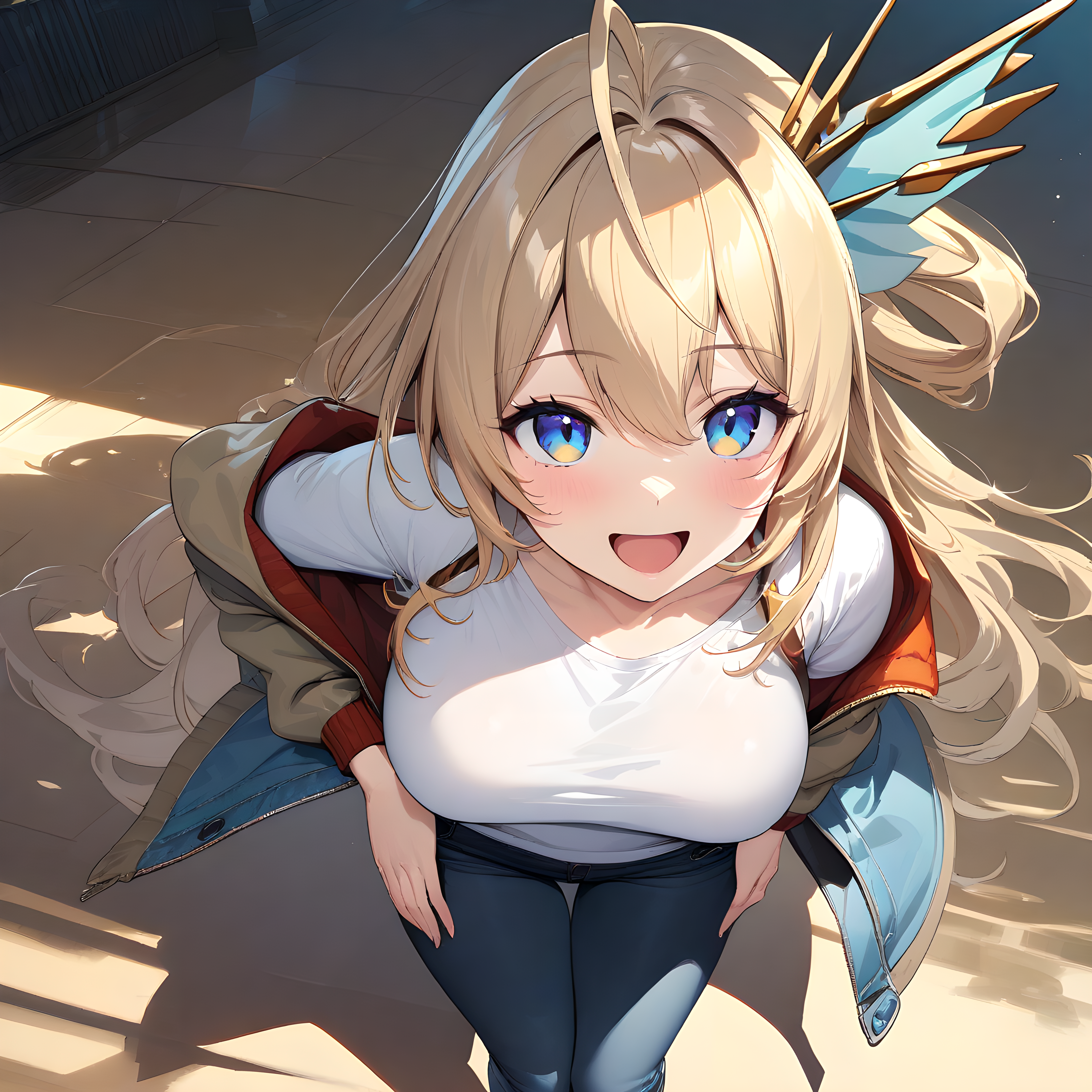 (masterpiece),(best quality),(ultra-detailed),(best illustration),(best shadow),(absurdres),(detailed background),(very aesthetic), lay ohva, 1girl, solo, blonde hair, solo, long hair, breasts, hair ornament, blue eyes, open mouth, smile, jacket, t-shirt, white t-shirt, jeans, <lora:XL-LayOhvav1:1>
