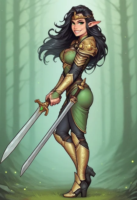 1girl, (((side view))), from front, 1girl, illustration, comic style, highly detailed, skinny, model body, looking at viewer, 1girl, masterpiece, best quality, naestra, solo, pointy ears, black hair, long hair, elf, 1girl, green eyes, half face mask, <lora:Naestra:1.3>, (((dynamic pose)))
BREAK
(((Warhammer Fantasy Battle style)))
((Elven gold Lamellar armor)), green clothes, ((((elven sword in hand)))), dynamic pose, ready to fight
BREAK
slight smile, looking at viewer
long hair, black hair, big hair, green eyes
best quality, depth of field, bokeh, (((full clothed))), dynamic pose
BREAK
(wild forest:1.2) score_9, score_8_up, score_7_up, score_6_up, source_cartoon, rating_explicit, Expressiveh, ((((full body))))), dynamic pose, dynamic pose