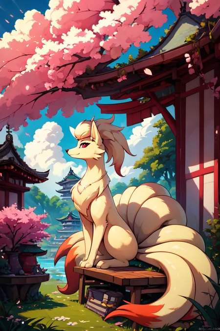 score_9, score_8_up, score_8, medium breasts, (curvy), cute, eyelashes, ,,, , ,,, zzNinetails, red eyes, closed mouth, standing, looking at viewer, full body, outdoors, sky, day, from side, tree, grass, nature, forest, white pupils, ,<lora:NinetailsPokedexPDXL:0.8>, ,,,, BREAK, sitting on bench, side view, smile, looking at viewer, cowboy shot, ,,, BREAK, pnkBldng, sky, day, cloud, tree, blue sky, building, architecture, east asian architecture, ,,, BREAK, embedding:zPDXL, Expressiveh, ,,, <lora:PinkBuildingsPDXL_v2:0.6>, <lora:SDXLFaeTastic2400:0.5>, <lora:Expressive_H-000001:0.4>