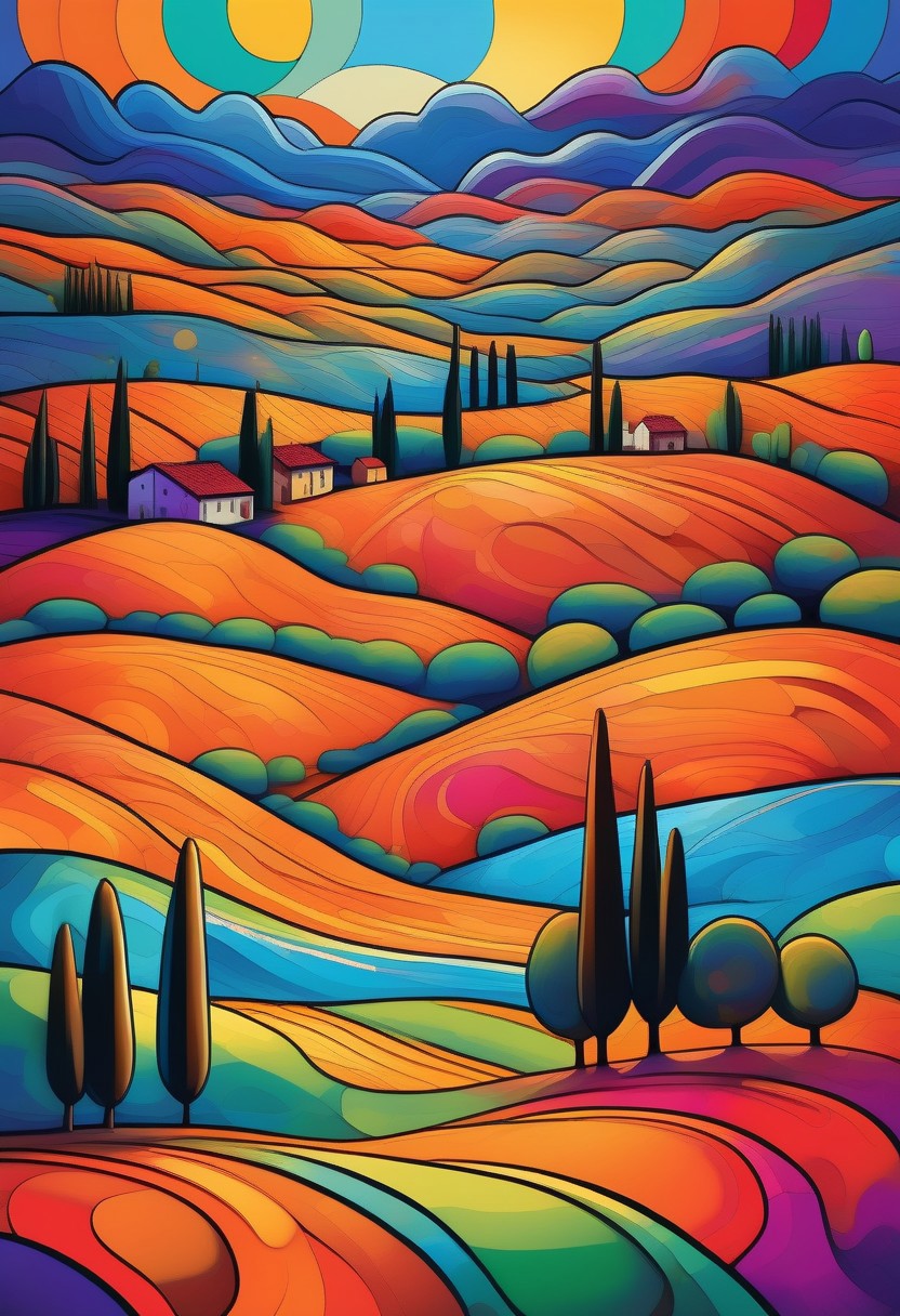 Rolling hills of Tuscany in a vibrant psychedelic style, with bold, surreal colors separated by sharp black lines, creating a stained-glass effect. A small village in the distance with terracotta rooftops and stone walls, stylized with vivid hues of purple, blue, and orange. Cypress trees and wildflowers rendered in exaggerated, kaleidoscopic patterns. Golden sunlight breaking through in fragmented beams, casting a dreamlike glow over the landscape. Highly detailed, surreal composition, inspired by psychedelic art and Italian countryside aesthetics, 8K resolution, vivid and trippy yet harmonious color palette, a mesmerizing and otherworldly mood.