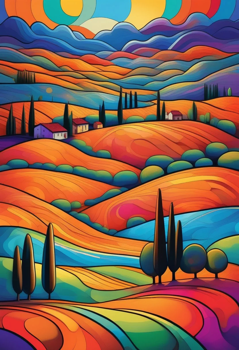 Rolling hills of Tuscany in a vibrant psychedelic style, with bold, surreal colors separated by sharp black lines, creating a stained-glass effect. A small village in the distance with terracotta rooftops and stone walls, stylized with vivid hues of purple, blue, and orange. Cypress trees and wildflowers rendered in exaggerated, kaleidoscopic patterns. Golden sunlight breaking through in fragmented beams, casting a dreamlike glow over the landscape. Highly detailed, surreal composition, inspired by psychedelic art and Italian countryside aesthetics, 8K resolution, vivid and trippy yet harmonious color palette, a mesmerizing and otherworldly mood.