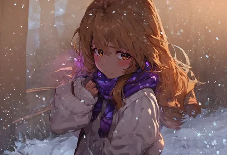 score_9, score_8_up, score_7_up, score_6_up, Aisaka_Taiga, 1girl, perfect face, cute, petite, brown eyes, colored inner hair, glowing hair, long hair, purple glowing scarf, white sweater, winter, snowing, glowing snowflakes, blush, shy smile, shy look, night, dimmed light, snow, from above, fisheye, blizzard, wind, love eyes, forest, path, moonlight, snowdrift, dynamic angle, softlight passing through hair