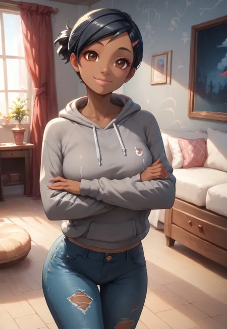 (score_9, score_8_up, score_7_up, high quality, best quality, absurdres, beautiful face, detailed face,  perfect eyes, detailed eyes, 1girl), (yukop3, short hair, hairclip, dark skin, brown eyes, black hair, grey hoodie, black ripped jeans, happy, small smile, closed mouth, crossed arms, standing.), BREAK, indoors, home, front view, cowboy shot, detailed background, living room background 