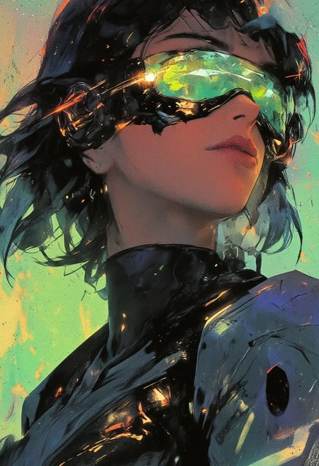 A hyper-realistic close-up portrait of a young woman with shoulder-length black hair styled in edgy, futuristic layers, adorned with glowing tips. She wears mecha eyewear with a neon green visor that transitions into iridescent shades of teal and gold. The frame is sleek, with angular edges and fine mechanical detailing. Her expression is fierce and confident, with flawless skin highlighted by the neon reflections. She wears a high-tech bodysuit with integrated LED lines and metallic panels. The background depicts a hazy rendition of The Great Wave off Kanagawa by Hokusai, its powerful waves blending seamlessly with the neon tones, amplifying her intense, defiant aura.