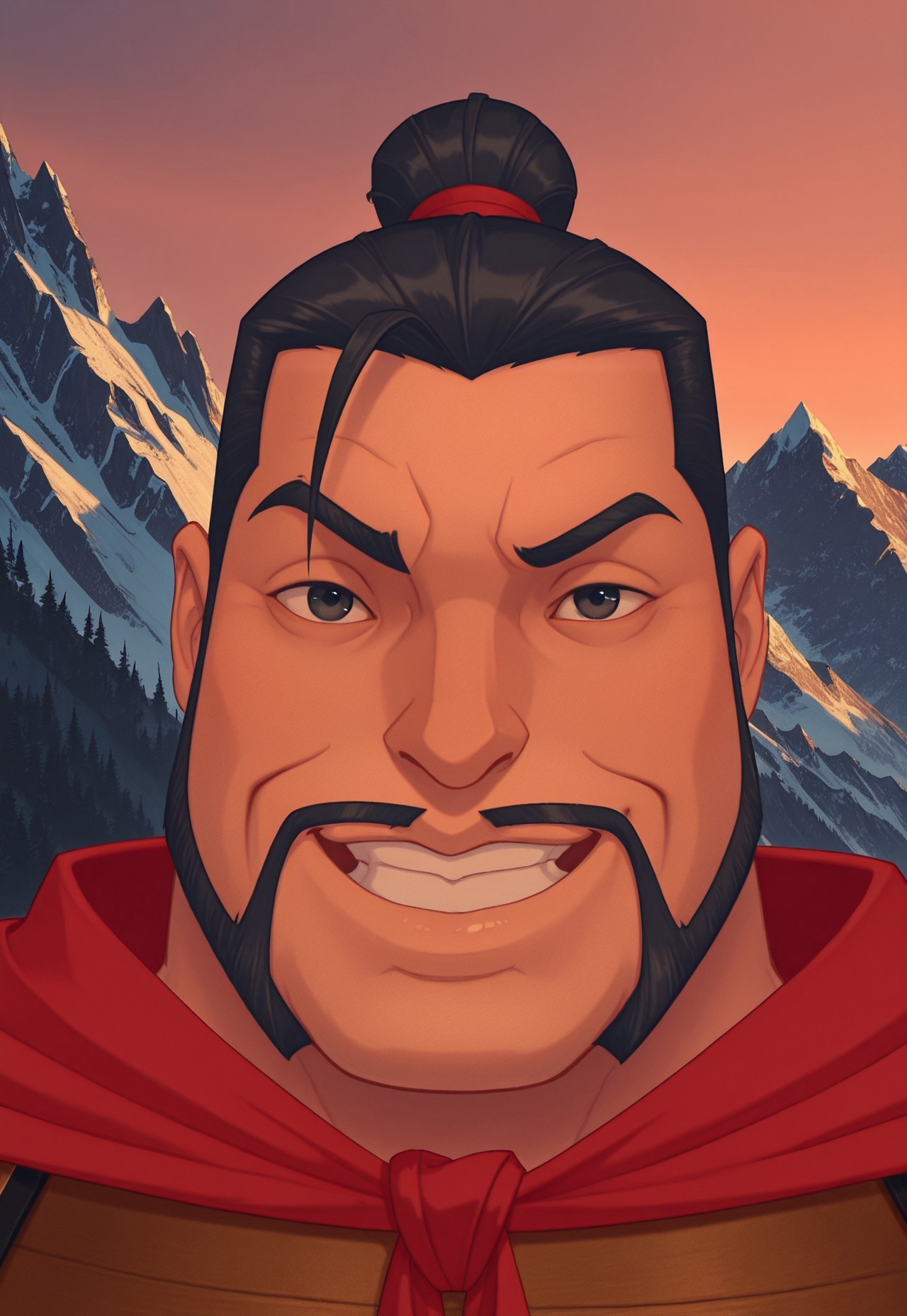 solo, masterpiece, detailed, ultra hd, best quality, 1boy, male, official art, w0lfc0nf, modern, new, masculine face, daddy looking face

DisneyGeneralLi, black hair, mustache, armor, cape, headshot, looking at viewer, smiling, outdoors, mountains, portrait, close up, ((zoomed in)), head only