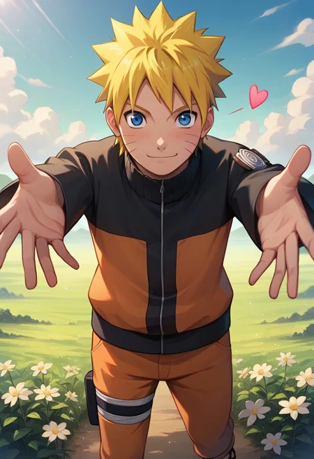 score_9, score_8_up, score_7_up, source_anime, cute, kawaii, detailed, novel illustration, wallpaper, beautiful details, 1boy, cute anime boy, kawaii anime boy, naruto uzumaki, male focus, blonde hair, short hair, spiked hair, whisker markings, blue eyes, jacket, orange pants, sandals toeless footwear, full body, flower field, outstretched arms, blush, closed mouth, cute smile, hearts, looking at viewer
