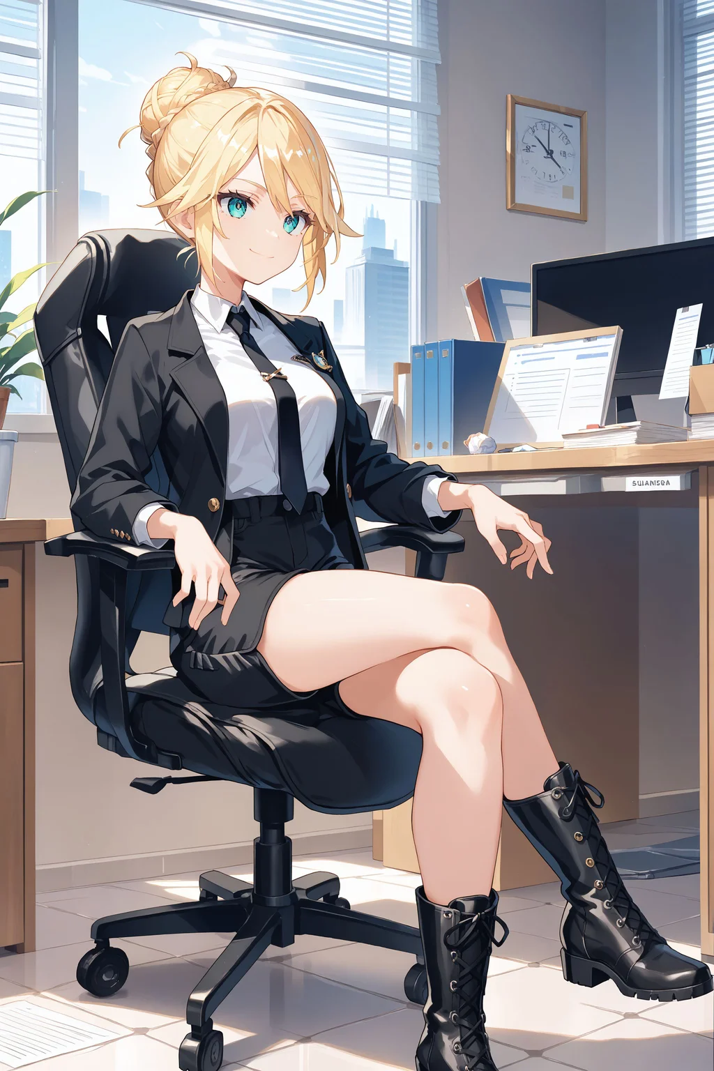 score_max, (score_9, score_8_up, score_7_up:1.2), score_6_up, official art,
masterpiece, absurdres, high detail,
office, tile floor, desk, office chair, window blinds,
sitting, crossed legs, light smile,
superbia, single hair bun, hcasual, single hair bun, black jacket, long sleeves, open jacket, white shirt, collared shirt, black necktie, tie clip, black shorts, knee boots, cross-laced footwear
<lora:XL_Pony_MGCM-superbia-t1:1.0>