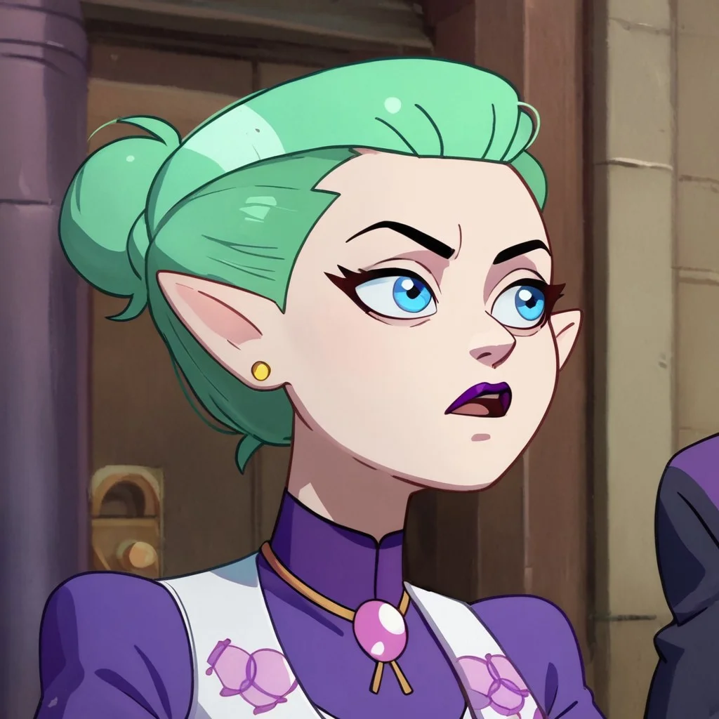 <lora:Odalia_Blight:0.8>, short hair, open mouth, blue eyes, jewelry, upper body, earrings, mint green hair, pointy ears, hair bun, makeup, lipstick, stud earrings, bolo tie, white vest, purple shirt, gold earrings, purple lipstick, single hair bun, sitting,, score_9, score_8_up, score_7_up, cute,