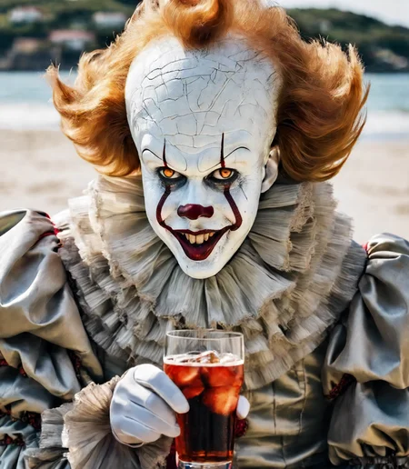 close up portrait of pennywise a creepy clown at the beach holding a glass with cocacola, summer, Spain, beach <lora:Pennywise:0.7> sunny day,