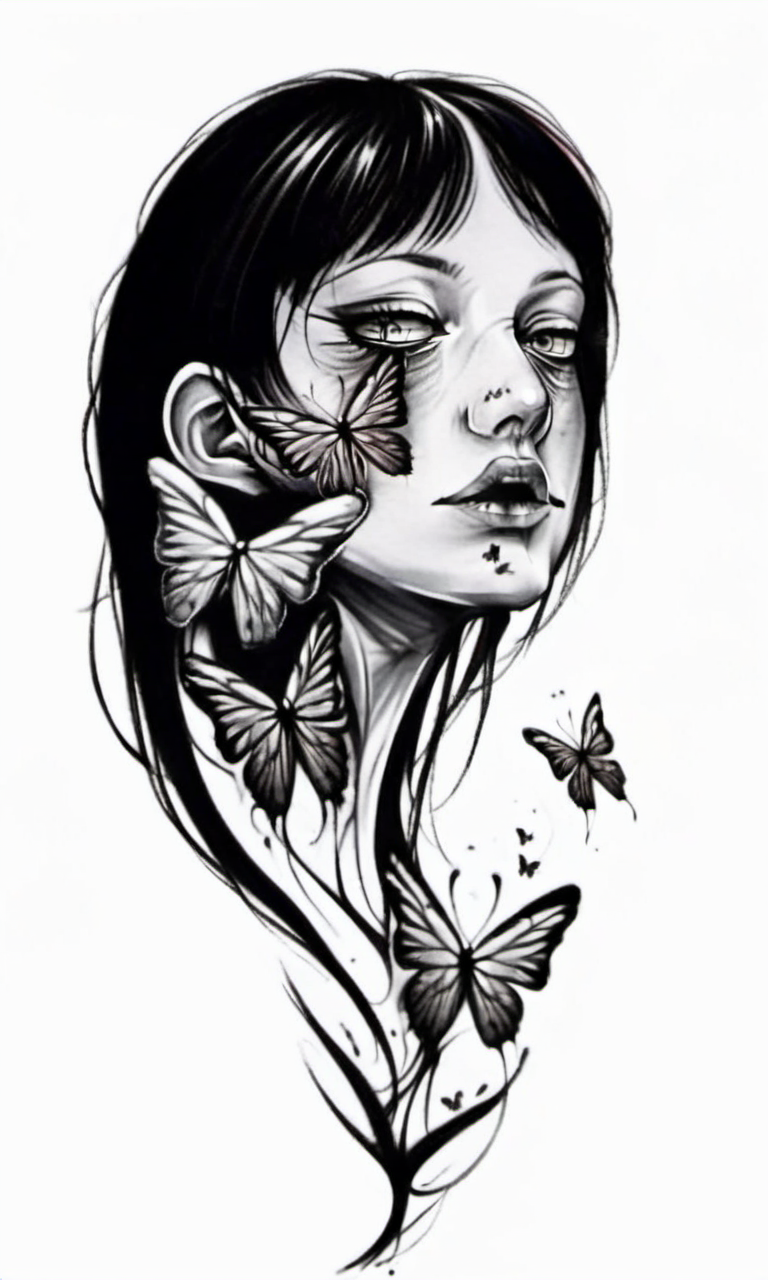 a girl has two face with butterflies on her nose and a butterfly in her mouth,,draktattoo,white background <lora:diablo-1119:1>