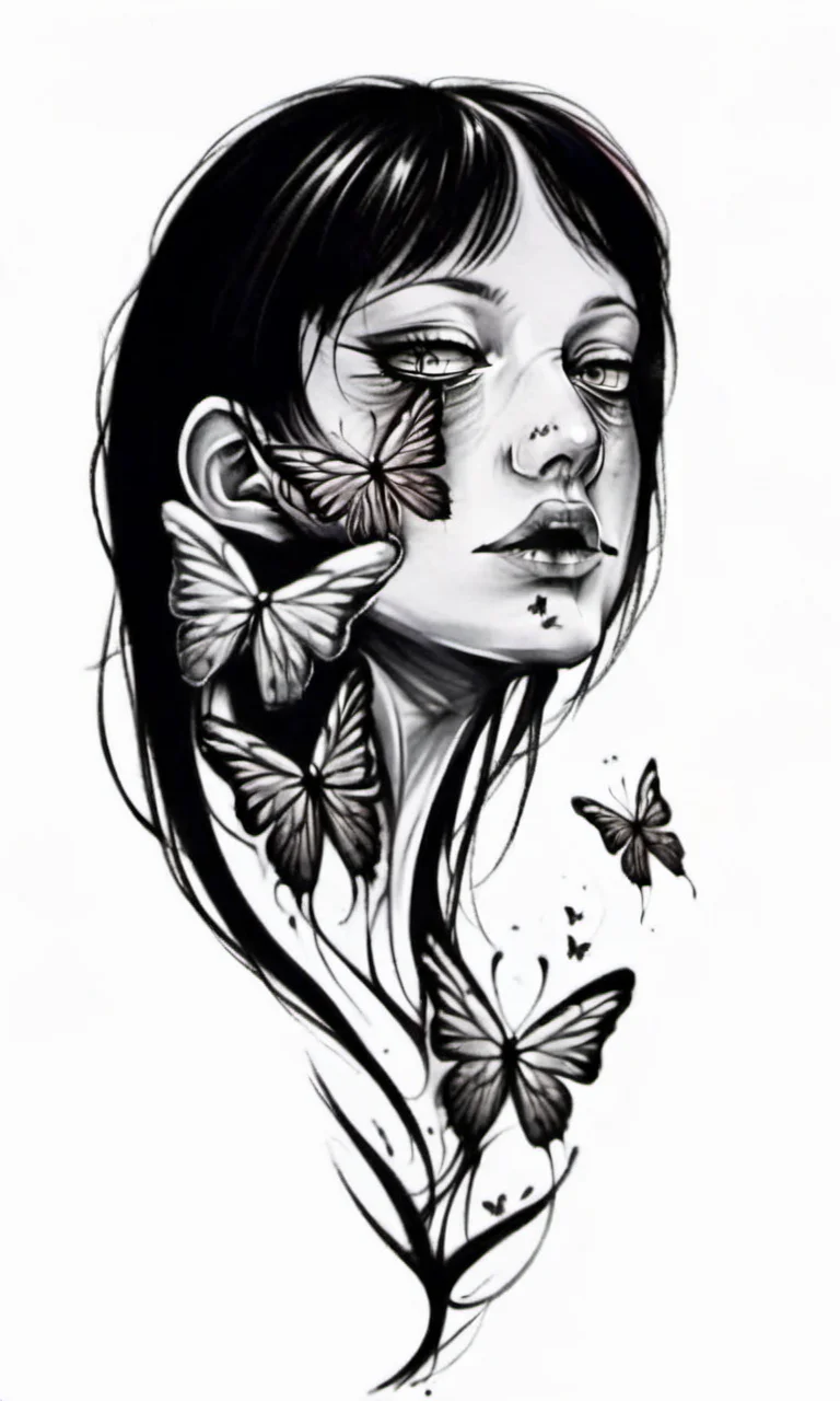 a girl has two face with butterflies on her nose and a butterfly in her mouth,,draktattoo,white background <lora:diablo-1119:1>