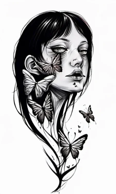 a girl has two face with butterflies on her nose and a butterfly in her mouth,,draktattoo,white background <lora:diablo-1119:1>