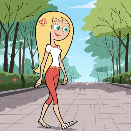 (masterpiece), (best quality), (ultra-detailed), amazing quality, very aesthetic, illustration, perfect composition, intricate details, absurdres, incredibly absurdres,<lora:stardpillustrious:1>, 1girl, solo, blonde hair, long hair, flower, aqua eyes, hair flower, hair ornament, smile, lipstick, white shirt, red capri pants, outside, trees, walking white footwear, eyelashes, detailed, masterpiece, stardp