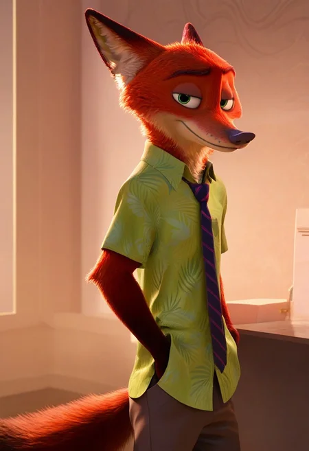score_9_up, score_8_up, score_7_up, masterpiece, best quality, amazing quality, very aesthetic, absurdres, newest, high quality, detailed, male, solo male, NickWilde, 1boy, mature male, male, athletic build, anthro, fox, orange fur, animal ears, green eyes, green hawaiian shirt, purple tie, tan khakis, standing, indoors, looking at viewer, grinning, office, hands in pants pockets, volumetric lighting