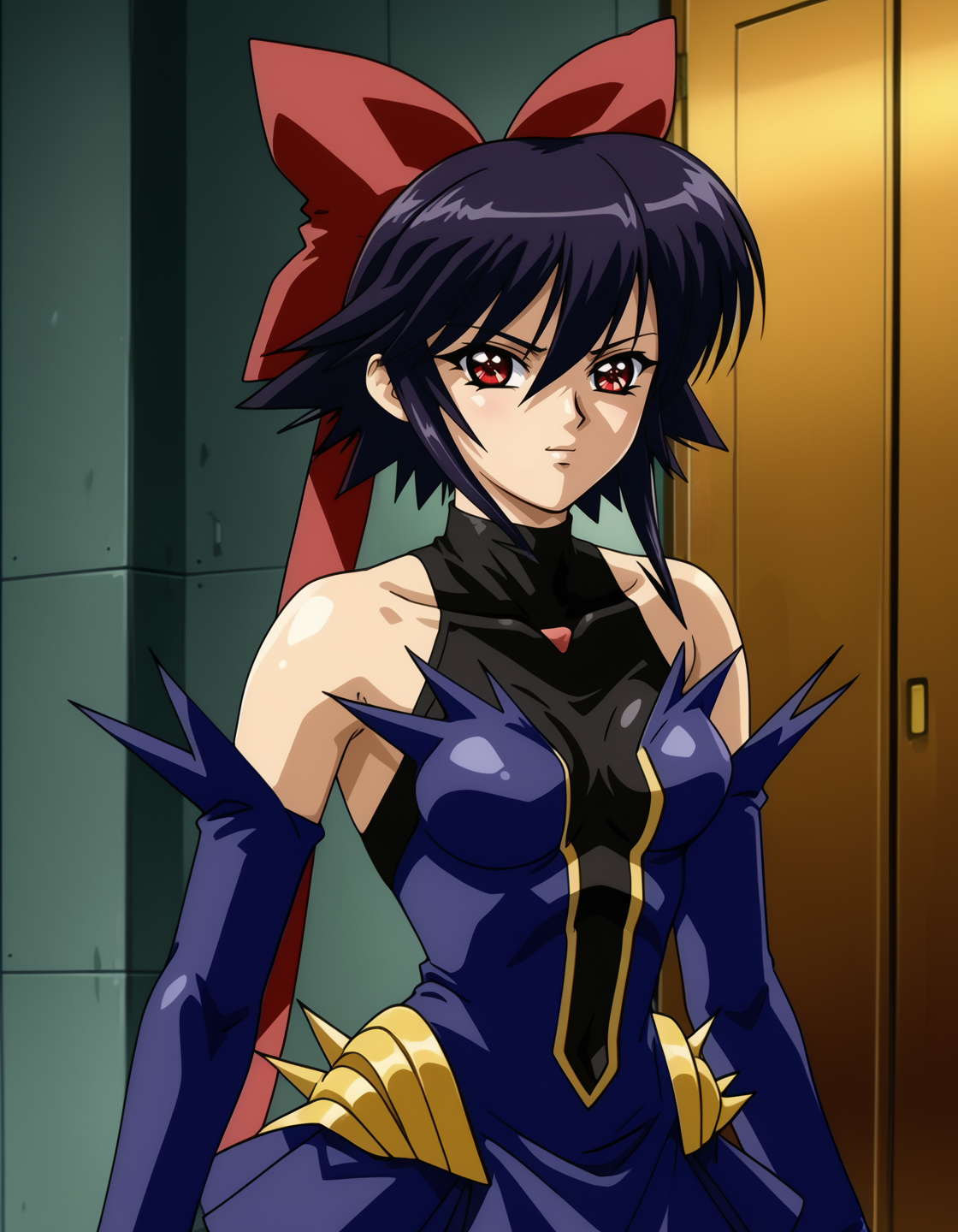 KaganoAi, 1girl, short hair, sidelocks, red eyes, black hair, leotard, skirt, purple thighboots, hair bow, detached sleeves, hair ribbons , (cowboy shot), upper body, <lora:KaganoAi-prodigy-4-4-3:1>, solo