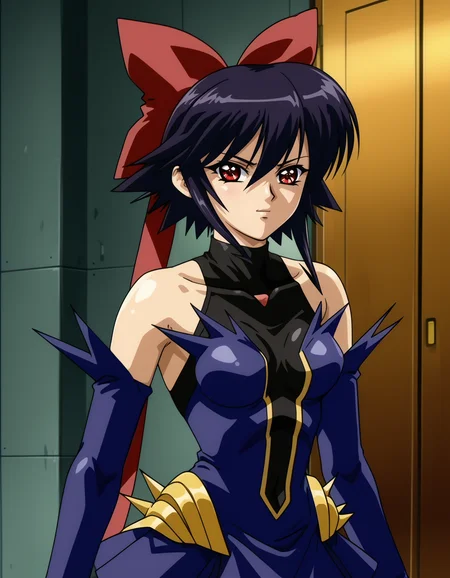 KaganoAi, 1girl, short hair, sidelocks, red eyes, black hair, leotard, skirt, purple thighboots, hair bow, detached sleeves, hair ribbons , (cowboy shot), upper body, <lora:KaganoAi-prodigy-4-4-3:1>, solo