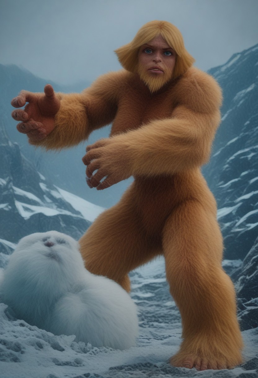 @brtlmss1, tall, muscular, thick limbs, large (kala:0.3) source_cartoon, cartoon_source, dark skin, yeti, bigsquatch, clover \(totally spies\), blonde hair, short hair, blue eye, on a mountain, blonde fur, female bigfoot, sasquatch, looking at viewer, breasts, sad gaze, detailed face, hairy body, detailed eyes, (detailed hands), detailed fingers, Shallow Depth of Field, hairy, FURRY BODY, yeti, (abominable snowman),  very big feet,  beard, covered in yellow fur,