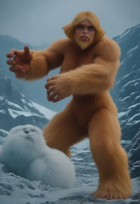 @brtlmss1, tall, muscular, thick limbs, large (kala:0.3) source_cartoon, cartoon_source, dark skin, yeti, bigsquatch, clover \(totally spies\), blonde hair, short hair, blue eye, on a mountain, blonde fur, female bigfoot, sasquatch, looking at viewer, breasts, sad gaze, detailed face, hairy body, detailed eyes, (detailed hands), detailed fingers, Shallow Depth of Field, hairy, FURRY BODY, yeti, (abominable snowman),  very big feet,  beard, covered in yellow fur,