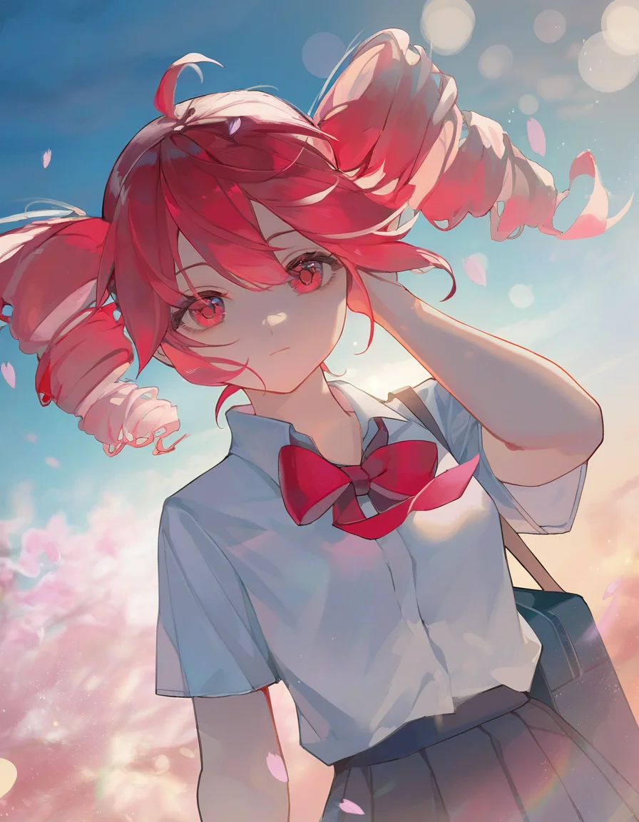 very awa, 1girl, kasane teto, school uniform, red bow, falling petals, wind, light theme, light rays, looking at viewer, hand in own hair, expressionless, light particles, alternate costume, dress shirt, pleated skirt, dynamic angle, outdoors, pink lighting, orange lighting, close-up, short sleeves, one hand at side, school bag, dutch angle, bloom, sunset, three quarter view, blurry edges, spring \(season\), cherry blossoms, sunlight, blue sky, cloud, petals, solo, blurry background, bag on shoulder, (bokeh:1.5), [masterpiece:0.15], [best quality:0.15], [newest:0.15], [absurdres:0.15]
 <lora:artist_niukou_kouzi_vpred:1>