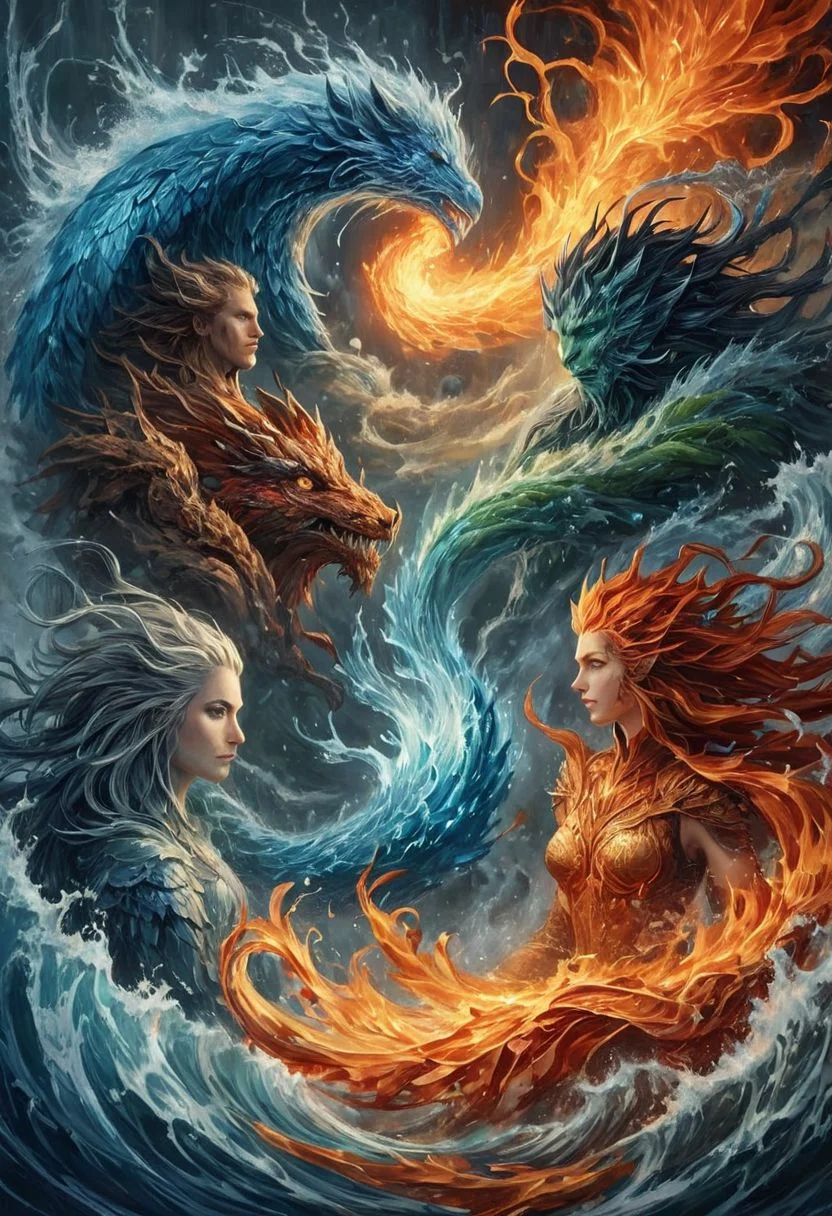 Four elementals, four elements, When the air and fire and water and earth unite, movie poster, classic movie poster, dark art, detailed, intricate details, epiCPhoto, ElementsMix, earth, water, wind, fire