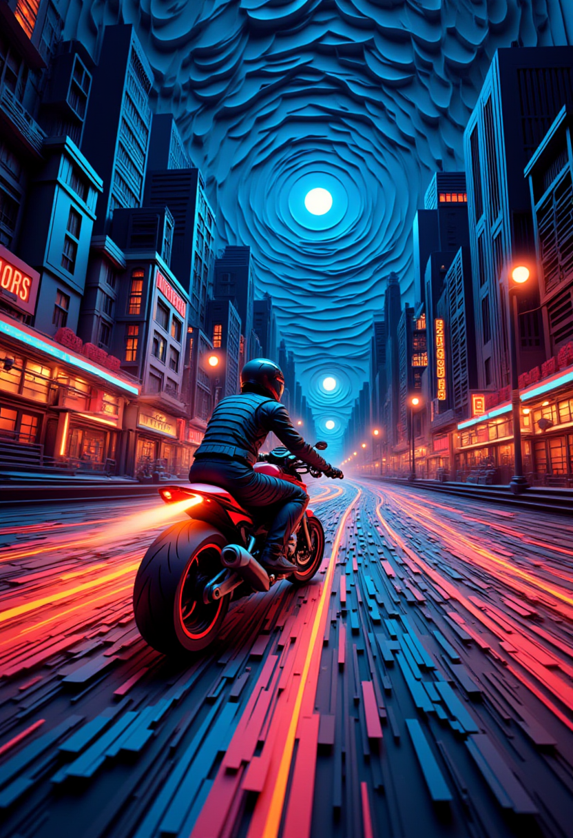 A paper quilling, layered paper depiction of a man riding a motorbike through a futuristic city, with neon lights illuminating the speed trails and glowing streets as he races through the urban night scene.
