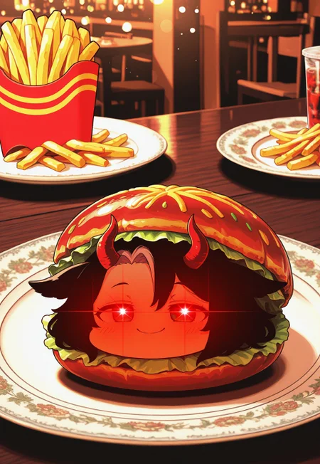 CIF-Illu, (chibi), foodification, food_focus,
close-up, anya's_heh_face_(meme), smug, half-closed eyes, glowing eyes,
ushizaki_urumi,
hamburger, in hamburger, hands, [on stomach], plate, french_fries,
[bokeh, restaurant, night, dim lighting, light particles],
absurdres, high_quality, newest, incredibly_absurdres, very aesthetic