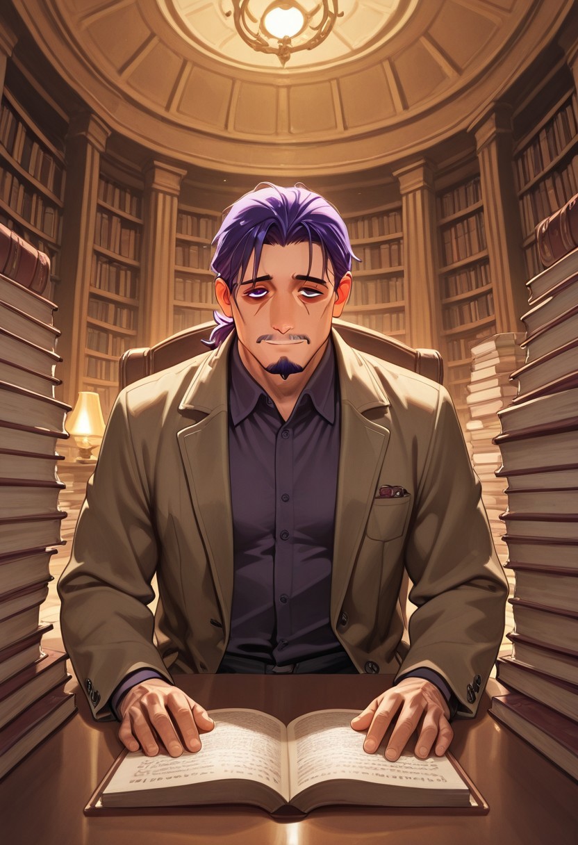 1boy, mbti_intp, mature man, purple eyes, droopy eyes, eye bags, tied hair, goatee, sitting in a vintage library, surrounded by stacks of books, wearing a tweed jacket, reading a weathered tome, a slight, knowing smile, warm lamplight, rich wood tones, scholarly atmosphere, aesthetically pleasing details