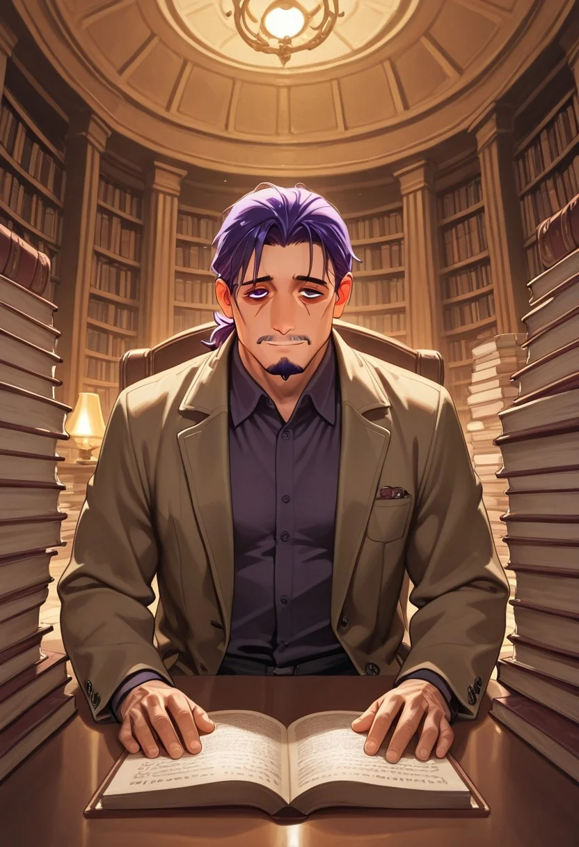 1boy, mbti_intp, mature man, purple eyes, droopy eyes, eye bags, tied hair, goatee, sitting in a vintage library, surrounded by stacks of books, wearing a tweed jacket, reading a weathered tome, a slight, knowing smile, warm lamplight, rich wood tones, scholarly atmosphere, aesthetically pleasing details