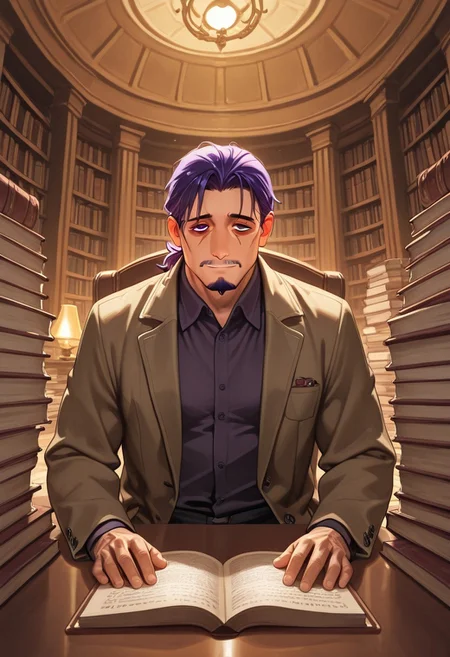 1boy, mbti_intp, mature man, purple eyes, droopy eyes, eye bags, tied hair, goatee, sitting in a vintage library, surrounded by stacks of books, wearing a tweed jacket, reading a weathered tome, a slight, knowing smile, warm lamplight, rich wood tones, scholarly atmosphere, aesthetically pleasing details