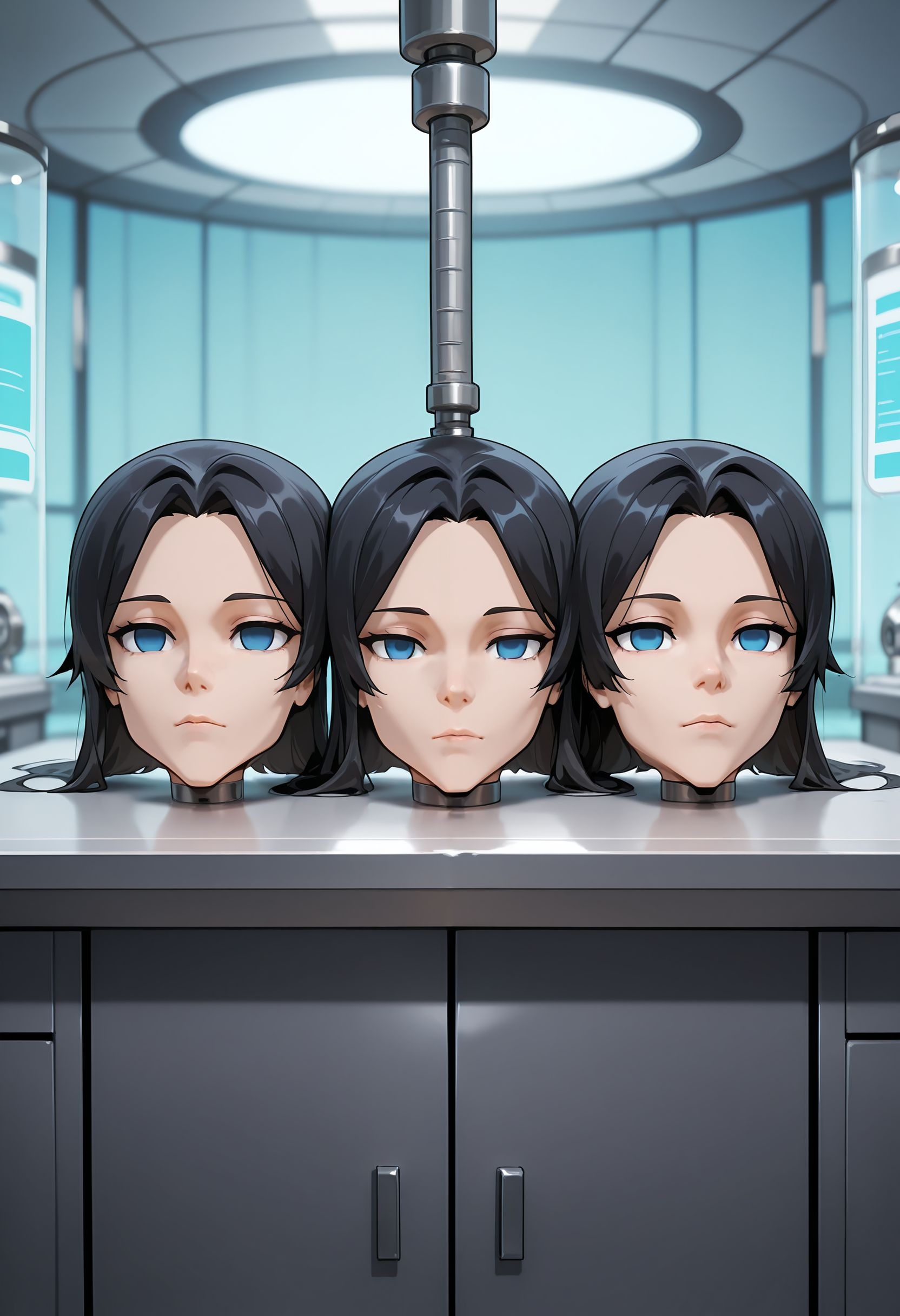 , anime, anime coloring, sxrd, sexaroid, laboratory, machine, head only, multiple heads, head on table, (disembodied head:1), (detached head:1), floating head, separated legs, separated wrists, separated head, empty eyes, expressionless, <lora:sexaroid_illustrious:0.3>, nude, black hair, long hair, parted bangs, blue eyes, Steps: 15, Sampler: Euler a, Schedule type: Automatic, CFG scale: 5, Seed: 3082099582, Size: 832x1216, Model hash: 4286171e4b, Model: prefectiousXLNSFW_v10, Clip skip: 2, Lora hashes: "sexaroid_illustrious: c205eaf944e3", Version: f1.1.5-v1.10.1RC-latest-881-ga7fec33d