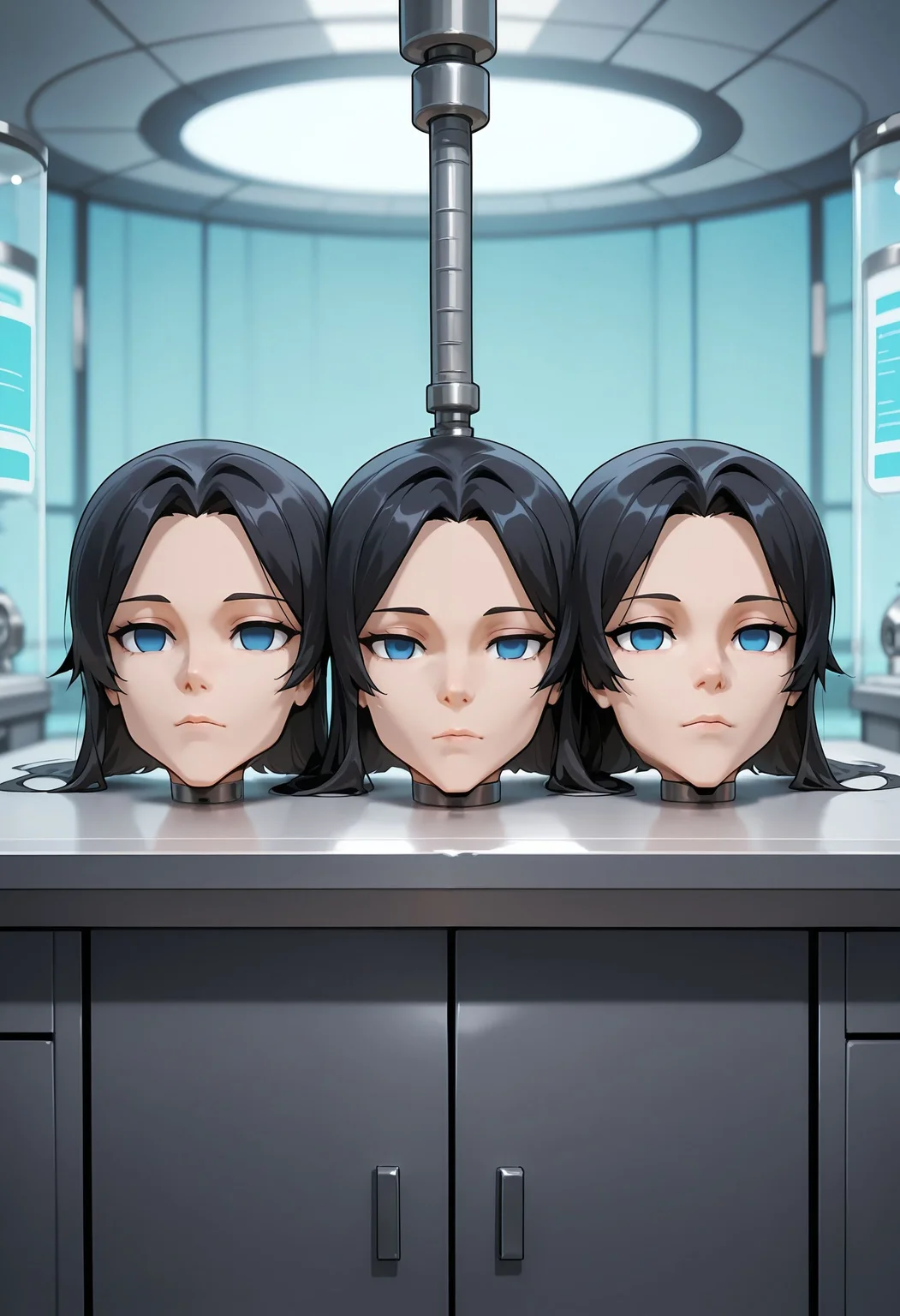 , anime, anime coloring, sxrd, sexaroid, laboratory, machine, head only, multiple heads, head on table, (disembodied head:1), (detached head:1), floating head, separated legs, separated wrists, separated head, empty eyes, expressionless, <lora:sexaroid_illustrious:0.3>, nude, black hair, long hair, parted bangs, blue eyes, Steps: 15, Sampler: Euler a, Schedule type: Automatic, CFG scale: 5, Seed: 3082099582, Size: 832x1216, Model hash: 4286171e4b, Model: prefectiousXLNSFW_v10, Clip skip: 2, Lora hashes: "sexaroid_illustrious: c205eaf944e3", Version: f1.1.5-v1.10.1RC-latest-881-ga7fec33d
