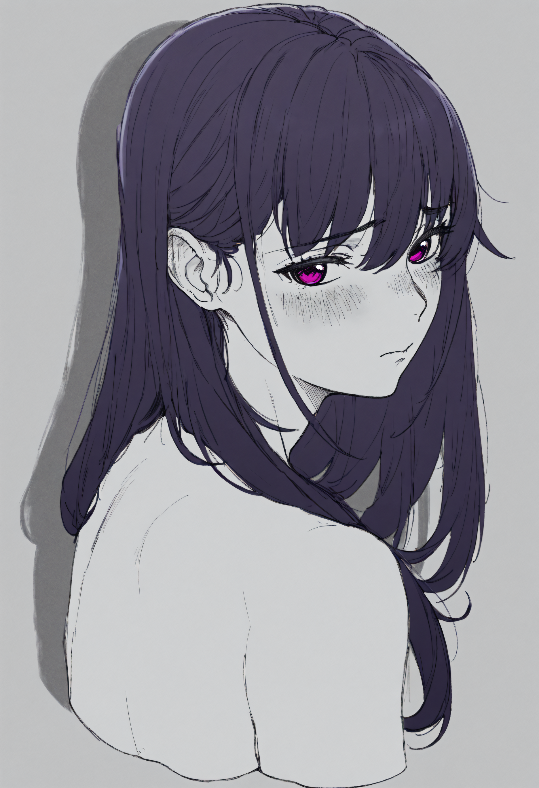 <lora:Char_SakakiYumiko:1>, Yum1k0, purple hair, long hair, straight hair, purple eyes, hair between eyes, hair behind ears,
spot color, cropped shoulder, looking at viewer, blush, shy, drop shadow, shadow, very awa, masterpiece, best quality, highres, absurdres, <lora:SketchArtV2:1>, greyscale, monochrome, sk3tch, hatching/(texture/)