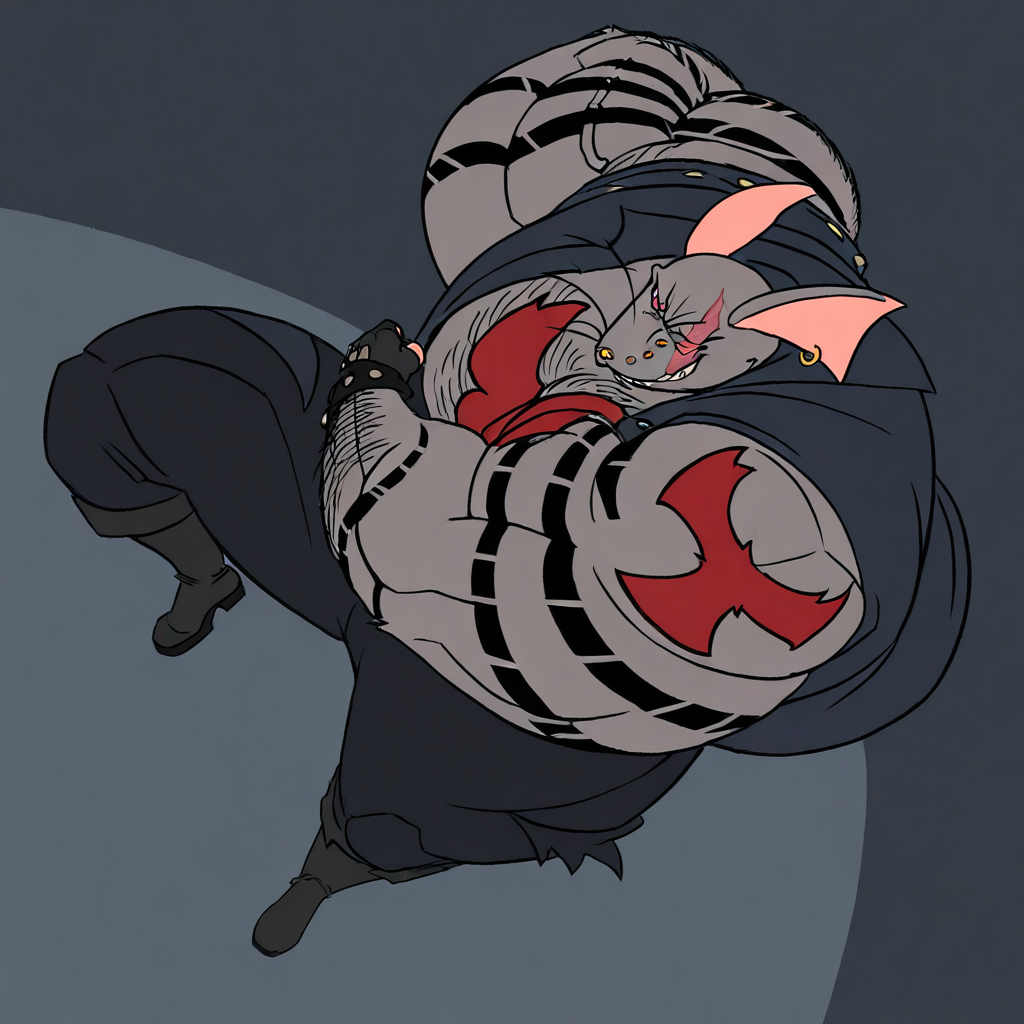 masterpiece, best quality, very aesthetic, absurdres, dynamic pose, dynamic angle, 1boy, solo BREAK Ratbite, muscular male, musclegut, jacket, pants, gloves, boots, eye scar, hairy, tattoo (arm tattoo), looking at viewer, grin