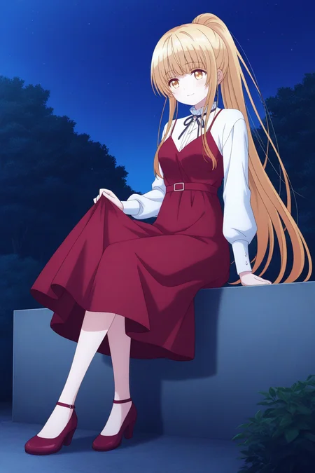 (red dress white shirt long sleeves:1.50), 
an-mahiru, yellow eyes, blonde hair, sidelocks, 
medium breasts, 1girl, solo, skinny,
(masterpiece, best quality, absurdres, high quality, highres, anime, anime style), 
BREAK,
(light smile:1.10),
BREAK,
(night sky outdoors:1.10),
BREAK,
(full body:1.40),
BREAK,
(:1.20),
(ponytail:1.20)
<lora:an-mahiru-V01-illXL-000001:1.00>
