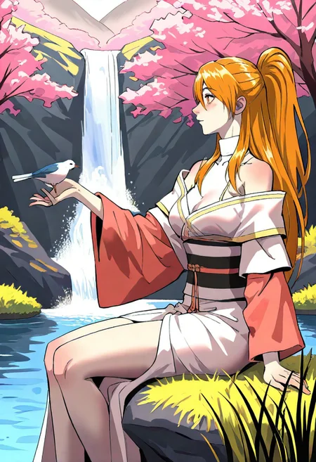 xiaoninger, 1girl, ponytail, long hair, orange hair, bangs, orange eyes, bare shoulder, breasts, collarbone, hair between eyes, white dress, kimono, sash, two tones dress, turtleneck, realistic, newest, very awa, masterpiece, highres, absurdres,
sitting, cute, cherry blossoms, pink theme, from side, sideview, looking to the side, looking afar, lake, waterfall, skinny, tall grass, outstretched hand, looking at bird, bird sitting on her hand, hand up, open hand,
wide shot, high contrast, saturated, usnr,