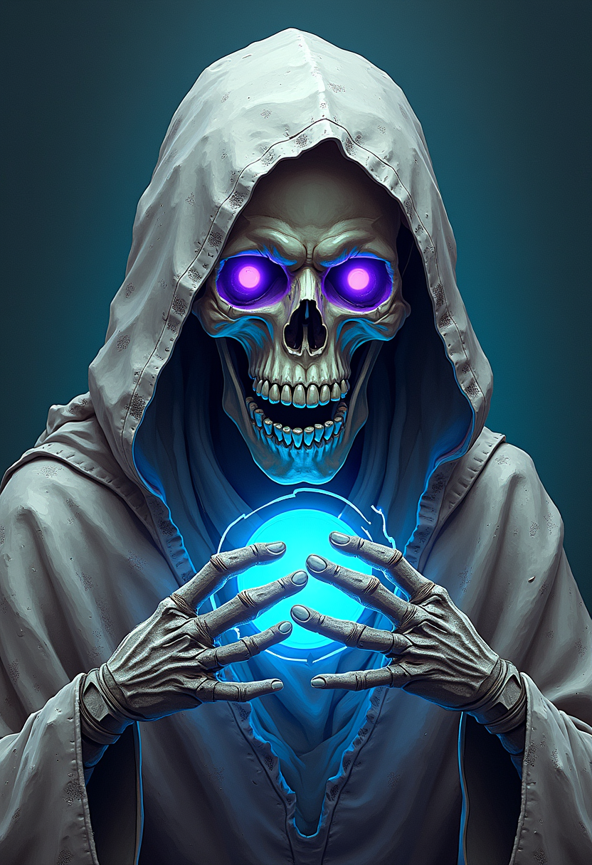 high quality, highly detailed, colorful, abstract, fantasy, fantasy background, The image is a digital illustration of a skull with a hooded cloak. The skull is facing towards the right side of the image. The hood is white and covers the skull's head and upper body. The eyes are a deep purple color with a hint of blue. The mouth is open, revealing sharp teeth. The background is a dark blue-green color. In the center of the skull, there is a glowing blue circle. The circle is surrounded by a thin white line. At the bottom of the circle, there are two skeletal arms that are reaching towards the bottom right corner of the illustration. The arms appear to be made of stone or concrete. The illustration has a rough, textured appearance.<lora:FLUX\Enhancer\flux_vividizer.safetensors:0.8:0.8> <lora:FLUX\Style\Ethereal_Alien.safetensors:0.6:0.6>
