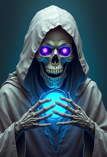 high quality, highly detailed, colorful, abstract, fantasy, fantasy background, The image is a digital illustration of a skull with a hooded cloak. The skull is facing towards the right side of the image. The hood is white and covers the skull's head and upper body. The eyes are a deep purple color with a hint of blue. The mouth is open, revealing sharp teeth. The background is a dark blue-green color. In the center of the skull, there is a glowing blue circle. The circle is surrounded by a thin white line. At the bottom of the circle, there are two skeletal arms that are reaching towards the bottom right corner of the illustration. The arms appear to be made of stone or concrete. The illustration has a rough, textured appearance.<lora:FLUX\Enhancer\flux_vividizer.safetensors:0.8:0.8> <lora:FLUX\Style\Ethereal_Alien.safetensors:0.6:0.6>
