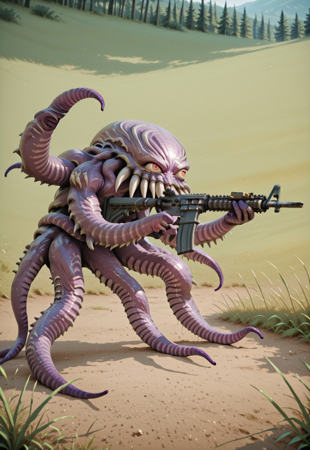 ultros, monster, solo, no humans, tentacles, sha_ge_ki, aiming, m4 carbine, genjyu_gri, holding gun, standing, (from side:0.75), outdoors, grass, plain, leaning forward, anime screenshot