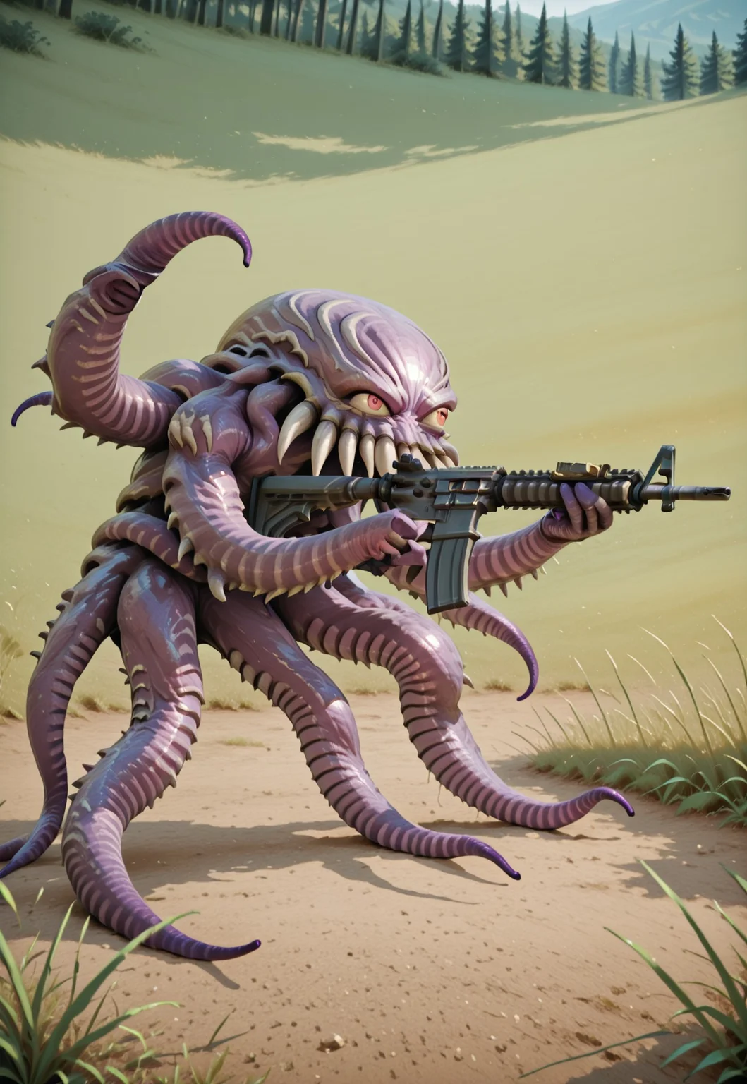 ultros, monster, solo, no humans, tentacles, sha_ge_ki, aiming, m4 carbine, genjyu_gri, holding gun, standing, (from side:0.75), outdoors, grass, plain, leaning forward, anime screenshot