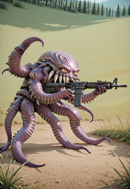 ultros, monster, solo, no humans, tentacles, sha_ge_ki, aiming, m4 carbine, genjyu_gri, holding gun, standing, (from side:0.75), outdoors, grass, plain, leaning forward, anime screenshot