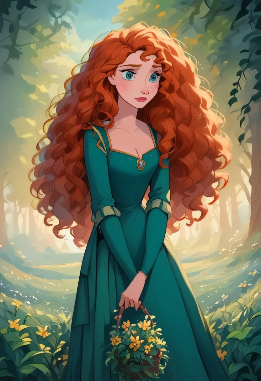 zPDXL, DisneyRenstyle, score_9, score_8_up, score_7_up, score_6_up, (watercolor style), Lynia Tempus, MeridaXLP, holding a bow, (ethereal beauty), freckles, green dress, long sleeves, long skirt , cleavage, wavy hair, enchanting, (vibrant reds and green), red curly hair, (well-endowed), whimsical green hill atmosphere, forest elements, field of flowers, soft lighting, dreamlike quality, fluid motion, ultra-detailed, (masterpiece).