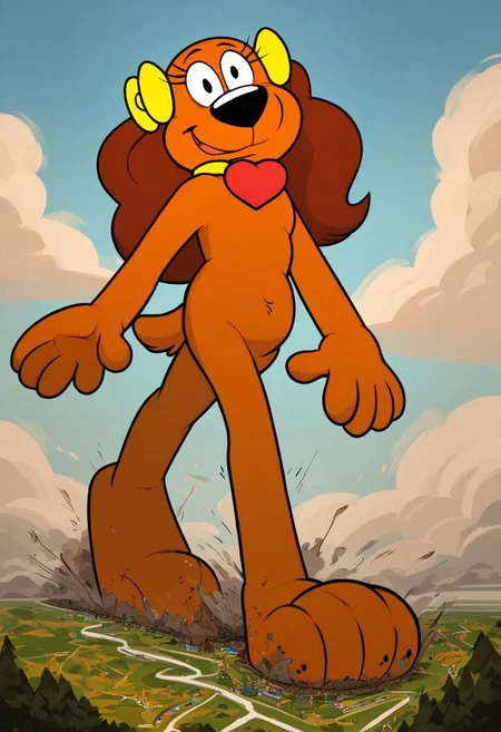 score_9, score_8_up, score_7_up, score_6_up, solo focus, 1girl, larger body, (Cróquete Spaniel, Gui & Estopa), long ears, (brown orange fur)), ((anthro, anthro dog, dog body)), (black eyes), Perfect paws, 1female, (source_furry), dog girl, dog ear, Brown ears, yellow bows, yellow collar, heart tag, heart shaped tag, full body, solo, black nose, anthro, detailed fur, slightly chubby, detailed eyes, low angle view, ((macro)), ((giantess)), outdoors, ((sunshine)), ((sunny day)), ((bright light)), in the city, (shrunken city :1.3), (shrunken cityscape:1.2), micro cityscape, full detailed city, destruction, mass destruction, full body, perfect face, focus on furry, happy face, (sexy perfect face), looking at viewer, sexy, highly detailed, Expressiveh, perfect eyes, big feet, landscape, orgasm face, blue sky, daytime, standing, walking, eyelash