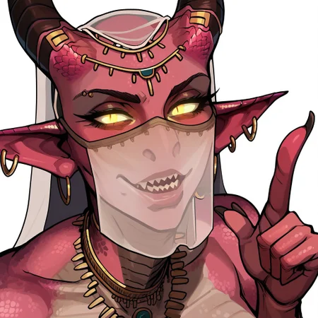 score_9, score_8_up, score_7_up, score_6_up, source_cartoon, black outlines, 1girl, portrait face, (close up:1.5), white background, simple background, cobra, scales, scaly skin, white veil, mouth veil, transparent fabric, tribal jewelry, gold jewelry, horns, piercings, pale skin, pink skin, white glowing eyes, forward pointing horns, earless