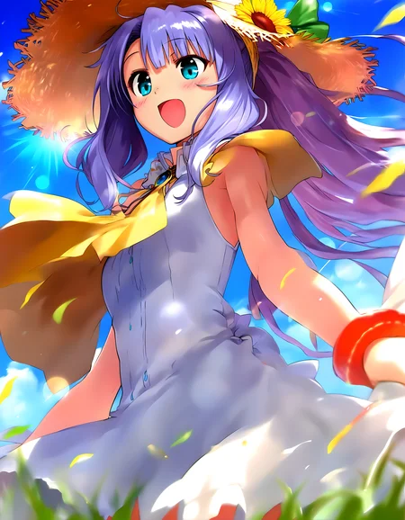 <lora:pony_xl_Priscilla:0.9>,Priscilla,score_9,score_8_up,score_7_up,source_anime,huge filesize,1girl,smile,gentle smile,Slightly_open_mouth,light_blush,white dress,shiny_clothes,straw hats,sky,strong rim light,lens_flare,nature,early summer,field,wind,shiny hair,hair fluttering in the wind,cowboy_shot,from_below,arm_at_side,shou,standing,knees_together_feet_apart,