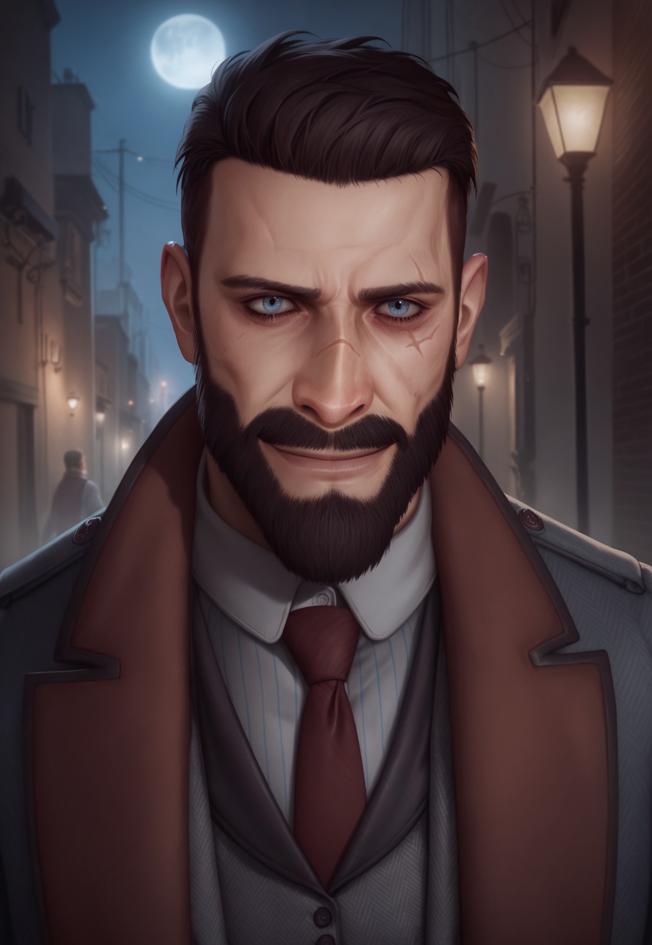 score_9, score_8_up, JonathanReid, realistic, blue eyes, scar, coat, vest, striped white shirt, short hair, facial hair, beard, necktie, old city alley, night, moon, portrait, looking at viewer, smile, dynamic pose,