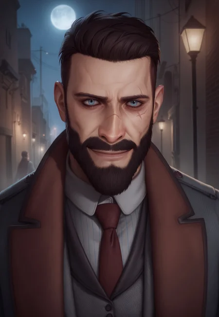 score_9, score_8_up, JonathanReid, realistic, blue eyes, scar, coat, vest, striped white shirt, short hair, facial hair, beard, necktie, old city alley, night, moon, portrait, looking at viewer, smile, dynamic pose,