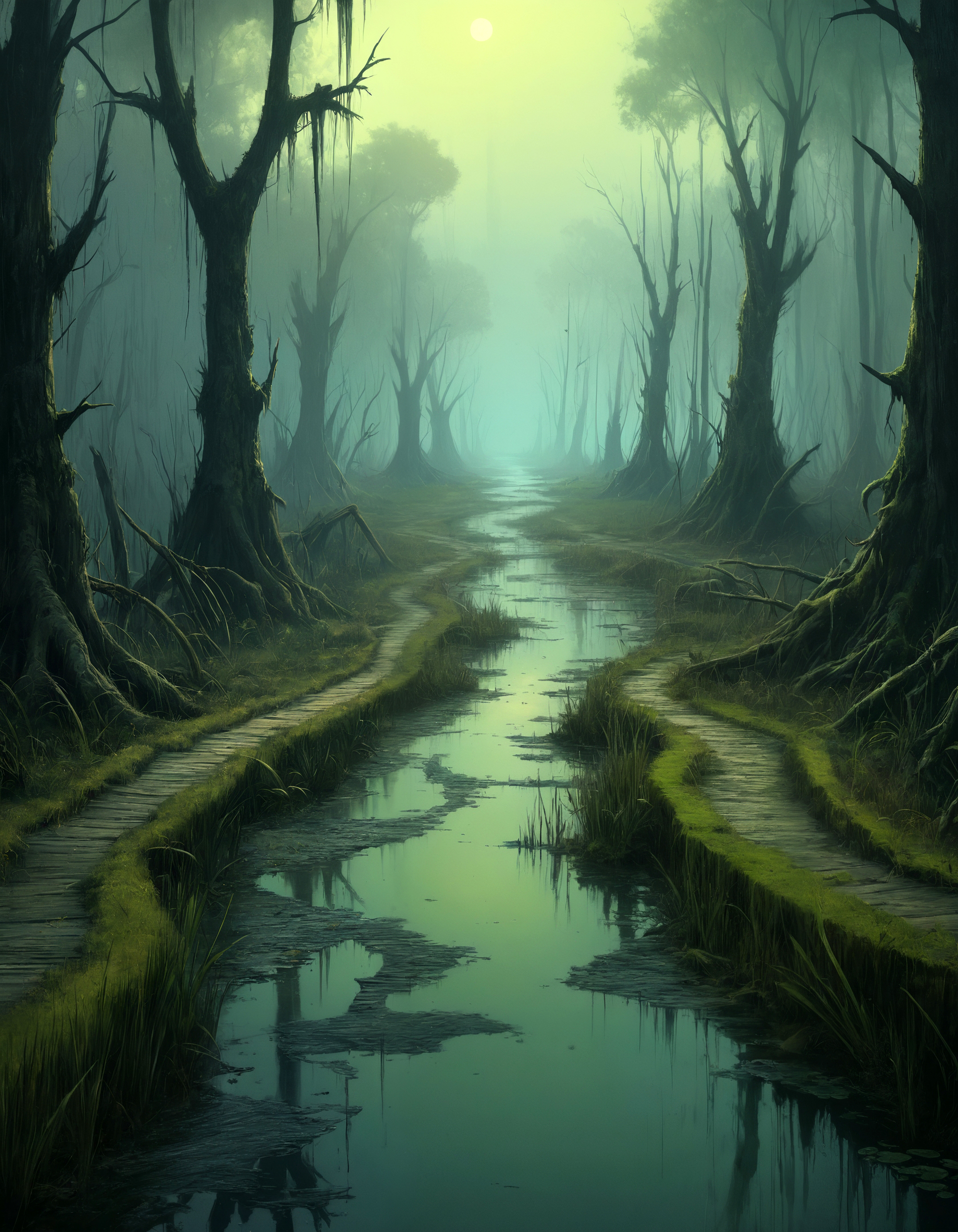 painting of a myserious road in an oppressing swamp, little traveled and questionable, fantasy style, dreamlike fantasy art, movie screencap