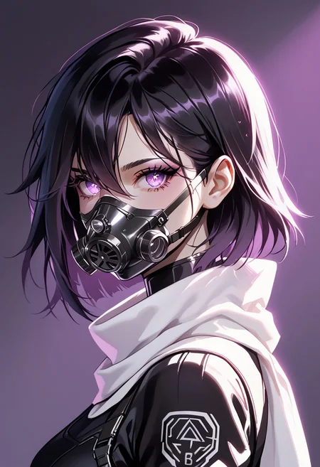 https://civitai.com/images/70944037
{{amazing quality, best quality, high quality, very aesthetic}}, 1girl, solo, simple background, dramatic lighting, backlighting, glowing eyes, medium hair, black hair, hair between eyes, spiky hair, purple eyes, black respirator, gasmask, white scarf, futuristic, cyberpunk, from the side, side view, portrait, looking at viewer, black bodysuit, skintight